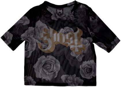 Ghost Ladies Crop Top - Logo & Roses (Black) (Mesh) - Taglia 2XS
