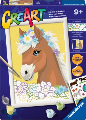 CreArt Horse with flowers, d/f/i - Malen nach Zahlen, 18x24 cm,