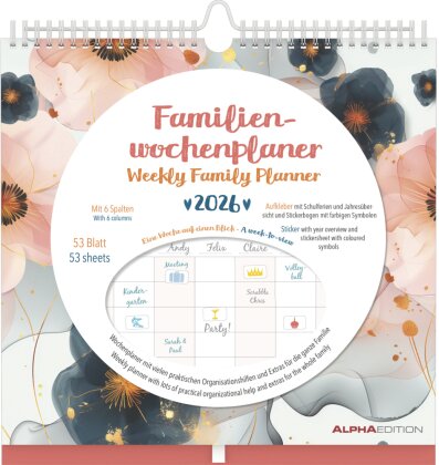 Familien Wochenkalender Flowers 2026 - Familien-Timer - Termin-Planer - Kinder-Kalender - Familien-Kalender - 30,5x30,5