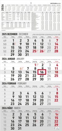 4-Monatskalender 2026 - Büro-Kalender 30x49 cm (geöffnet) - mit Datumsschieber - Zettler - 960-0011