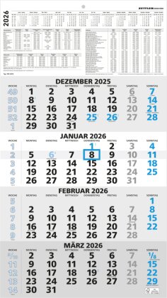 4-Monatskalender blau 2026 - 33x45 - mit Kopftafel - Datumsschieber - 959-0015-1
