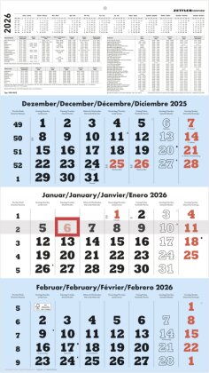 3-Monatskalender blau 2026 - 33x45 - mit Kopftafel - Datumsschieber - 958-0015