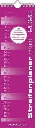Streifenplaner Mini PINK 2026 - Streifenkalender - Wandplaner - Küchen-Kalender - 9,5x33