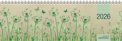 Tischquerkalender Graspapier 2026 - 32x10,5 cm - 1 Woche auf 2 Seiten - nachhaltiger Bürokalender - Stundeneinteilung 8 - 20 Uhr - 159-0640