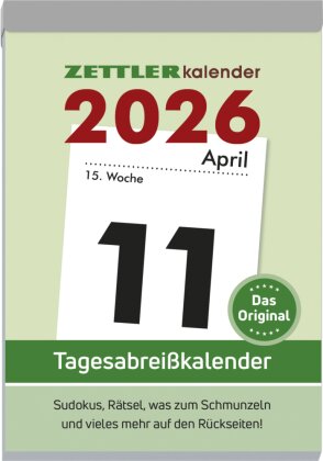 Tagesabreißkalender XXL 2026 - 9,9x14,3 cm - 1 Tag auf 1 Seite - mit Sudokus, Rezepten, Rätseln uvm. auf den Rückseiten - Bürokalender 313-0000