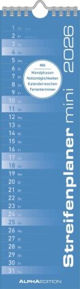 Streifenplaner Mini BLAU 2026 - Streifenkalender - Wandplaner - Küchen-Kalender - 9,5x33