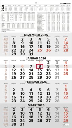 4-Monatskalender rot 2026 - 33x45 - mit Kopftafel - Datumsschieber- 959-0011-1