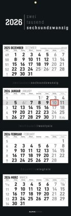 4-Monatskalender Black 2026 - Büro-Kalender 33x20 cm (geschlossen), 33x100 (geöffnet) - faltbar - mit Datumsschieber - Alpha Edition