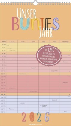 Unser buntes Jahr 2026 Familienplaner - Familien-Timer 26x45 cm - Offset-Papier - mit Ferienterminen - Wand-Planer - Familienkalender - Alpha Edition