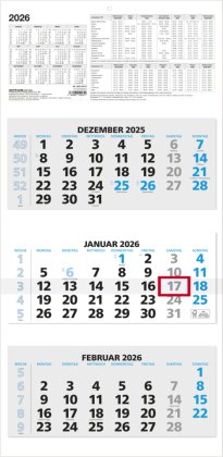 3-Monatskalender 2026 - 33,5x71 blau - mit Kopftafel - Datumsschieber - 5 sprachig - 3 Blöcke - 953-0015