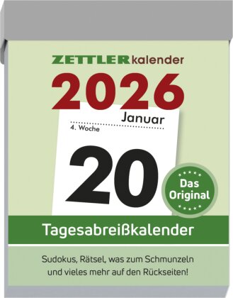 Zettler Tagesabreißkalender M 2026 5,4x7,2 cm Bürokalender 1 Tag auf 1 Seite mit Sudokus, Sprüchen - Rätseln uvm. Auf den Rückseiten