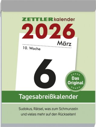Tagesabreißkalender XL 2026 - 8,2x10,7 cm - 1 Tag auf 1 Seite - mit Sudokus, Rezepten, Rätseln uvm. auf den Rückseiten - Bürokalender 305-0000