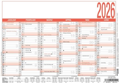 Arbeitstagekalender 2025 - A5 (21 x 14,8 cm) - 6 Monate auf 1 Seite - Tafelkalender - Plakatkalender - Jahresplaner - 904-0000
