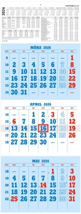 3-Monatskalender blau/rot 2026 - 29,7x78 - mit Kopftafel - gefaltet - Datumsschieber - 952-0000