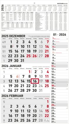 3-Monatskalender Kombi 2026 - Büro-Kalender 33x45 cm (geöffnet) mit Datumsschieber - Zettler - 957-0011