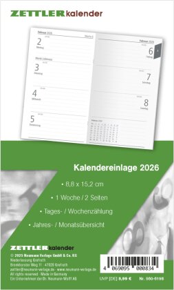 Kalender-Ersatzeinlage 2026 - für den Taschenplaner Typ 560 - 8,8x15,2 cm - 1 Woche auf 2 Seiten - separates Adressheft - Notizheft - 560-6198
