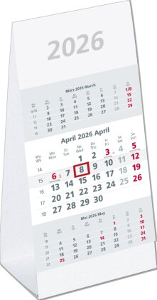 3-Monats-Aufstellkalender 2026 - 10,5x14,5 cm - 3 Monate auf 1 Seite - mit Kopftafel und Datumsschieber - Mehrmonatskalender - 980-0000