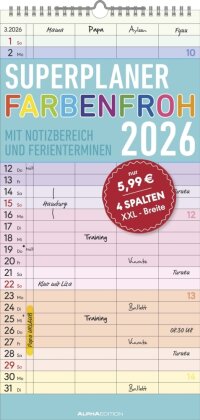 Superplaner Farbenfroh 2026 mit 4 Spalten - Familien-Timer 22x45 cm - Offset-Papier - mit Ferienterminen - Wand-Planer - Familienkalender - Alpha Edition