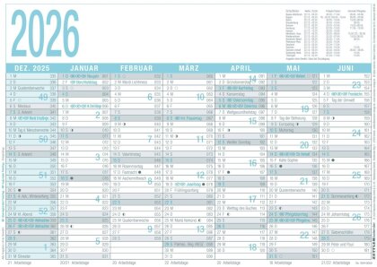 Arbeitstagekalender grau/türkis 2026 - A4 (29,7 x 21 cm) - 7 Monate auf 1 Seite - Tafelkalender - Plakatkalender - Jahresplaner - 909-0000