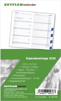 Kalender-Ersatzeinlage 2026 - für den Taschenplaner Typ 530 - 8,8x15,2 cm - 1 Monat auf 2 Seiten - Registerschnitt - separates Adressheft - Notizheft - 530-6198