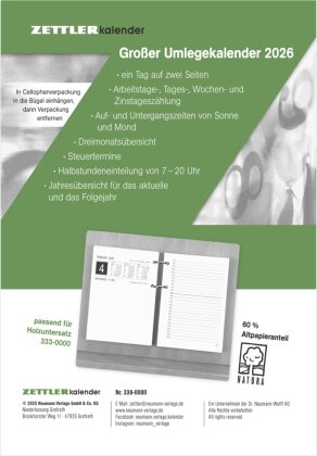 Großer Umleg-Kalender 2026 - 10,5x14,2 cm - 1 Tag auf 2 Seiten - zum Einheften - Bürokalender mit 2-fach Lochung - Stundeneinteilung von 7 - 20 Uhr - 338-0000