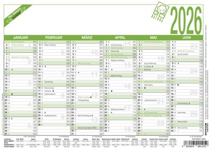 Arbeitstagekalender Recycling 2026 - A5 (21 x 14,8 cm) - 6 Monate auf 1 Seite - Blauer Engel - Tafelkalender - Plakatkalender - Jahresplaner - 904-0700