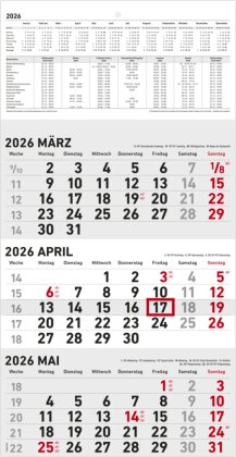 3-Monatskalender 2026 - 23,7x44,8 schwarz/rot - mit Motiv - Datumsschieber - 951-0011