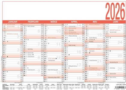 Arbeitstagekalender 2026 - A4 (29,7 x 21 cm) - 6 Monate auf 1 Seite - Tafelkalender - Plakatkalender - Jahresplaner - 907-0000