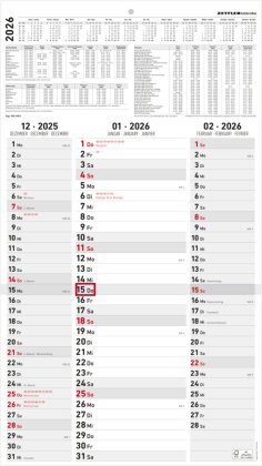 3-Monatskalender Streifenplaner 2026 - Büro-Kalender 33x58,8 cm (geöffnet) - mit Datumsschieber - Zettler - 955-0011