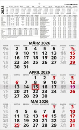 3-Monatskalender schwarz/rot 2026 - 29,7x48,8 - mit Kopftafel - Datumsschieber - 956-0000