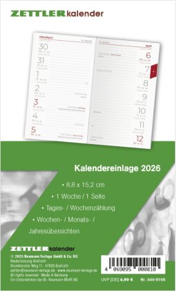 Kalender-Ersatzeinlage 2026 - für den Taschenplaner Typ 540 - 8,8x15,2 cm - 1 Woche auf 1 Seiten - separates Adressheft - faltbar - Notizheft - 540-6198