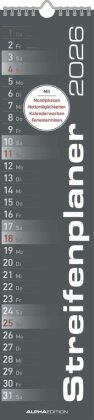 Streifenplaner SCHWARZ 2026 - Streifenkalender - Wandplaner - Küchen-Kalender - 11,3x49,5