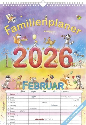 Familienplaner Cartoon 2026 - Familienkalender A3 (29,7x42 cm) - mit 6 Spalten, Ferienterminen (DE/AT/CH) und viel Platz für Notizen - Wandkalender