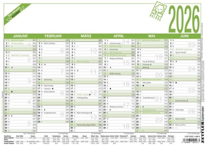 Arbeitstagekalender Recycling 2026 - A4 (29,7 x 21 cm) - 6 Monate auf 1 Seite - Blauer Engel - Tafelkalender - Plakatkalender - Jahresplaner - 907-0700