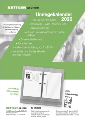 Umleg-Kalender 2026 - 8x10,8 cm - 1 Tag auf 2 Seiten - zum Einheften - Bürokalender mit 2-fach Lochung - Stundeneinteilung von 7 - 20 Uhr - 336-0000
