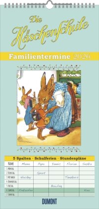 Familienplaner Häschenschule 2026 - Familien-Timer 22x45 cm - mit Ferienterminen - 5 Spalten - Wand-Planer