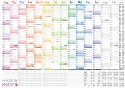 Wandkalender Schuljahr 25/26 [Rainbow] 89cm x 63cm (A1+) gefalzt Eurolochung