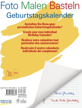 Foto-Malen-Basteln Bastelkalender A4 wei&szlig; Geburtstagskalender