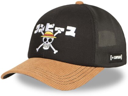 Casquette Trucker Premium - Jolly Roger (Velour Beige/Noir) - One Piece - U - Grösse U