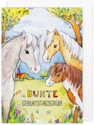 Bunte Überraschungsgrüsse Doppelkarte mit Pferde-Motiv