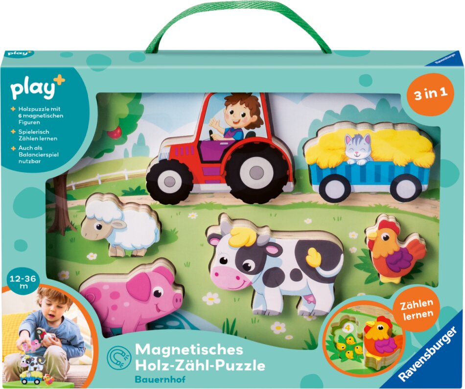 Play+ Magnetisches Holz-Zähl-Puzzle: Bauernhof - ab 12 Monate