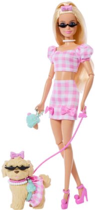 Barbie im Zwillingslook mit Schleife und Haustier
