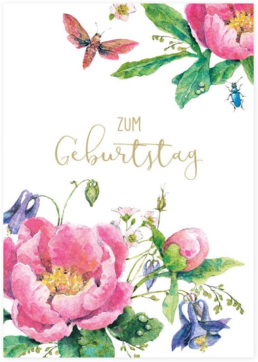 Zum Geburtstag Postkarte mit Pfingstrosen-Motiv