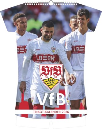 N Neumann - VfB Stuttgart 2026 - Trikotkalender 34x42 cm mit 12 Monatsblättern, 2-sprachigem Kalendarium & Spiralbindung, origineller Fußball-Wandkalender in Trikotform für Fans