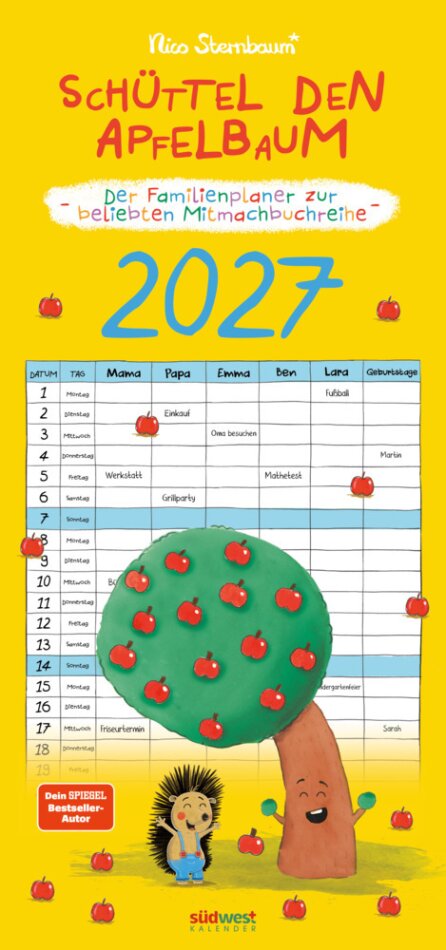 Schüttel den Apfelbaum - der Familienplaner zur beliebten Mitmachbuchreihe von Nico Sternbaum - Monats-Wandkalender 2027 zum Aufhängen, mit Spiralbindung, 22,4 x 48,5 cm