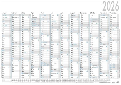 Zettler Plakatkalender 12 Monate 2026 - Jahreswandkalender 100 x 70 cm, 1 Seite mit 5 Spalten zur Urlaubsplanung, Tages-, Wochen- & Arbeitstagezählung, Ferientermine, schwarz/blau, 1 Stück gerollt