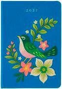 Taschenkalender A6 2027 - Vogel und Blüten, bestickt, blau
